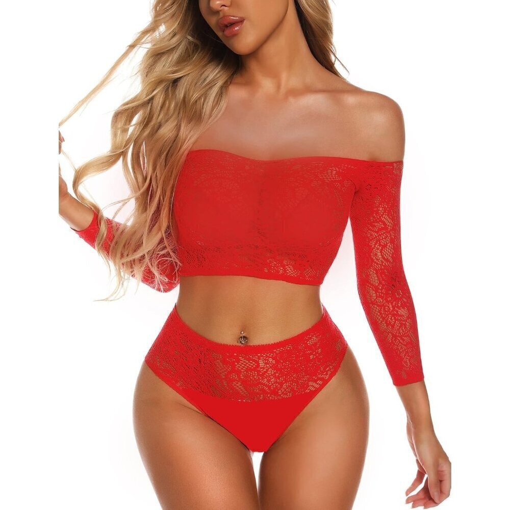 🆕 Women Red Sexy Mesh Lingerie Fishnet Babydoll Long Sleeve Bodysuit Shirts